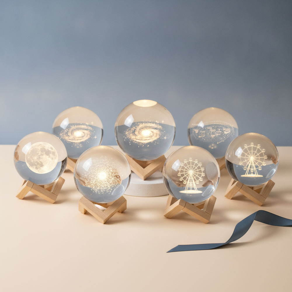 A 3D Crystal Lamp Ball with intricate designs, centered on a gradient background of soft slate blue and warm cream.