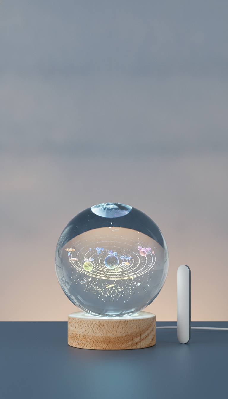 3D Crystal Lamp Ball with intricate 3D design, centered on a soft gradient background of slate blue to warm cream.