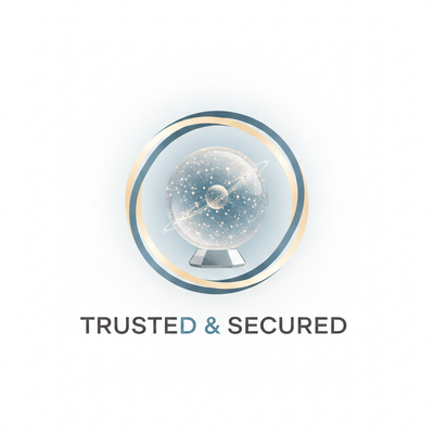A modern trust badge featuring an abstract 3D Crystal Lamp Ball design, on a bright white background with subtle blue and cre